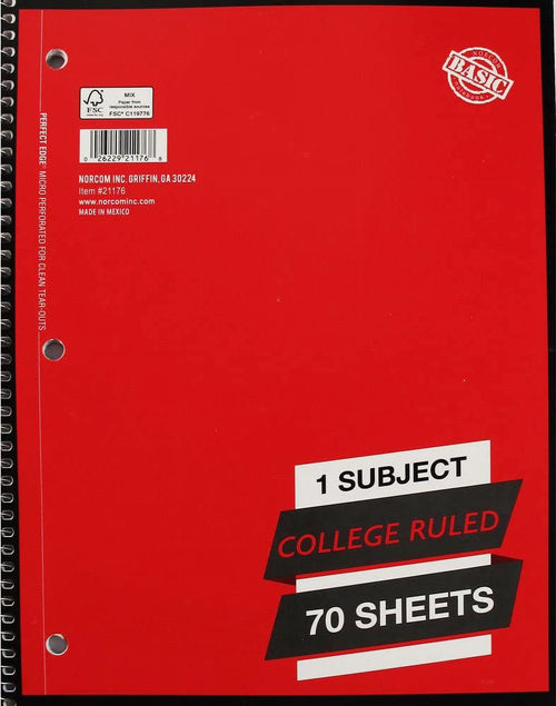 1 Subject College Ruled Spiral Notebook Solid Colors Perforated Edge 70 Sheet Pack of 5
