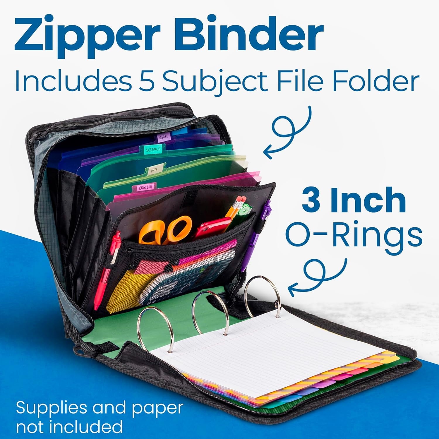 Case-it The Mighty Zip Tab Zipper Binder - 3 inch O-Rings - 5 Color Tab Expanding File Folder - Multiple Pockets - 600 Sheet Capacity - Comes with Shoulder Strap - Canopy Green D-146