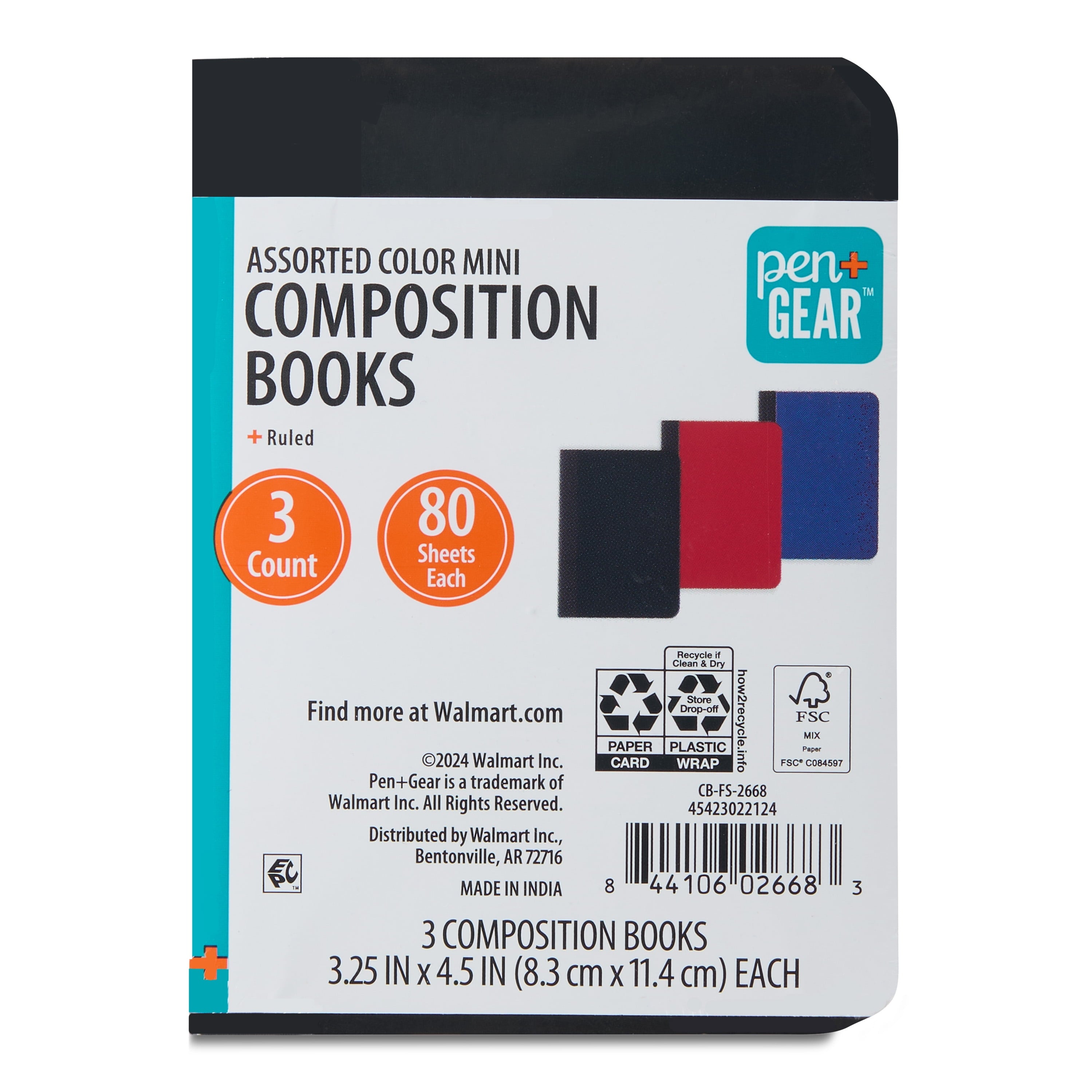 (4 pack) Pen+Gear Ruled Mini Composition Books, 3.25 in x 4.5 in, Assorted Colors, 80 Sheets, 3 Pack