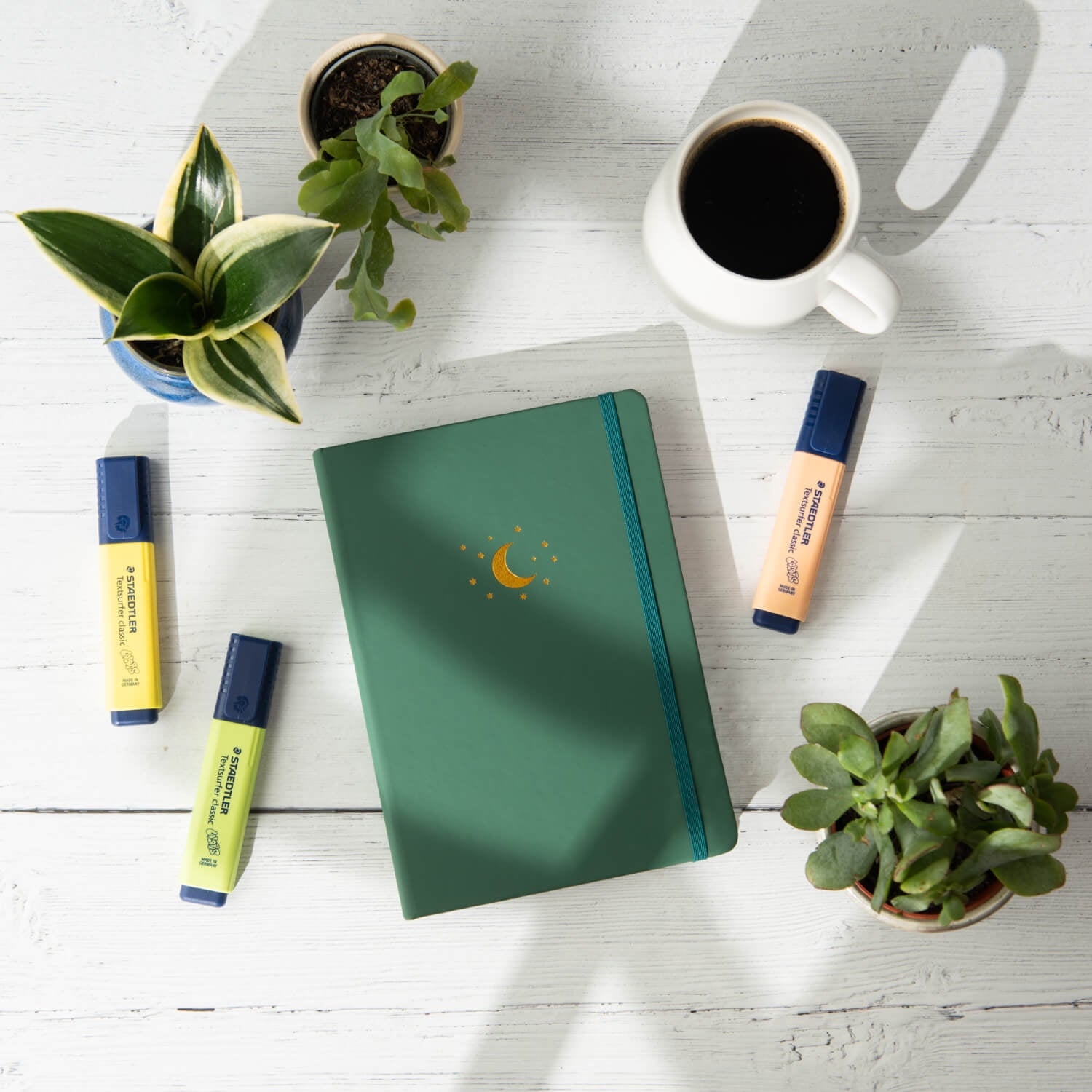 Yop & Tom - Hardback Lined Notebook Vegan Leather Hardcover A5 180 pages - Forest Green Moon and Stars