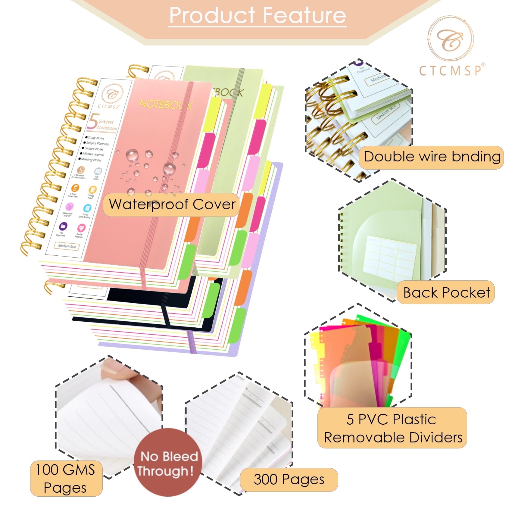 5 Subject Spiral Notebook with Removable Dividers Tabs Hardcover Notebook Journal for Women Men,Perfect for Academic Supplies,College Ruled,300 Pages