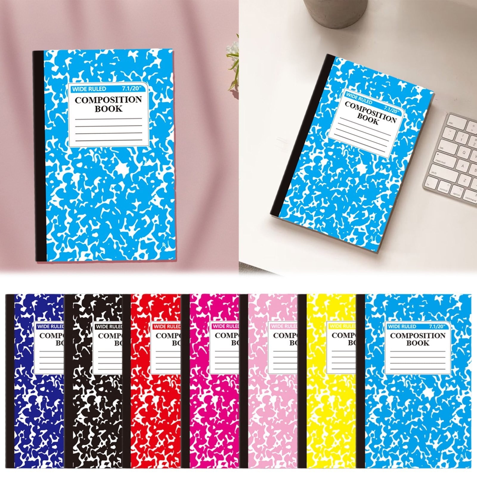 Composition Notebook, Wide Ruled Composition Book, Marble Composition Notebooks for Work, 30 Sheets/60 Pages, Hard Cover, Sturdy Sewn Binding, Office Classroom Supplies, Black