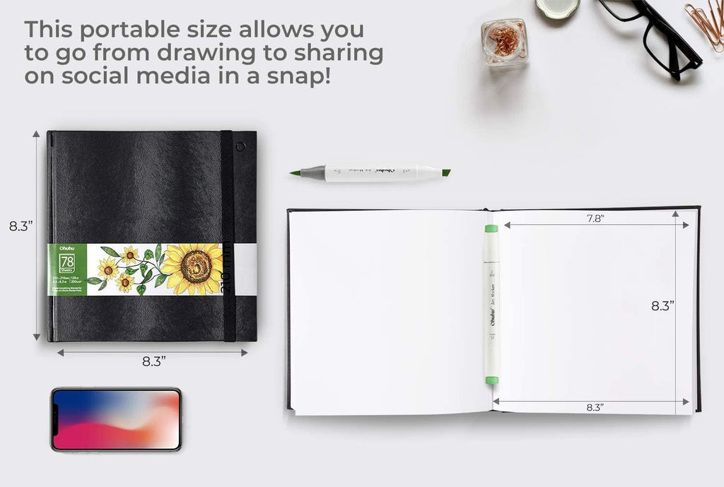 Ohuhu Sketchbook Marker Paper Pad: 8.3"x8.3" Square Drawing Papers 78 Sheets/156 Pages 120 LB/200 GSM Hardcover Sketching Books