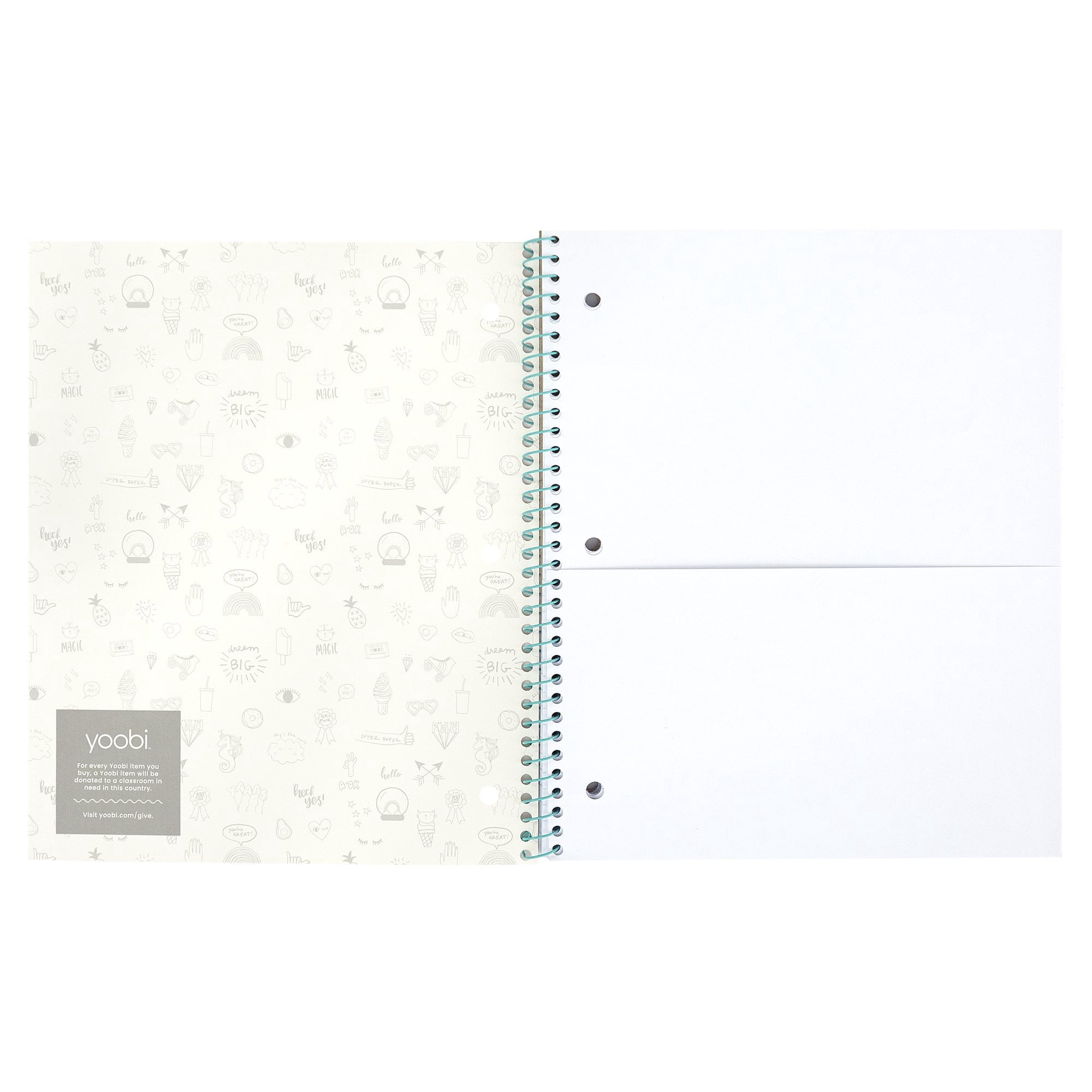 Yoobi, Notebook, 1 Subject, Spiral, Paper Cover, 9" x 11", College Ruled, 100 sheets - Aqua Holographic Mini Doodles