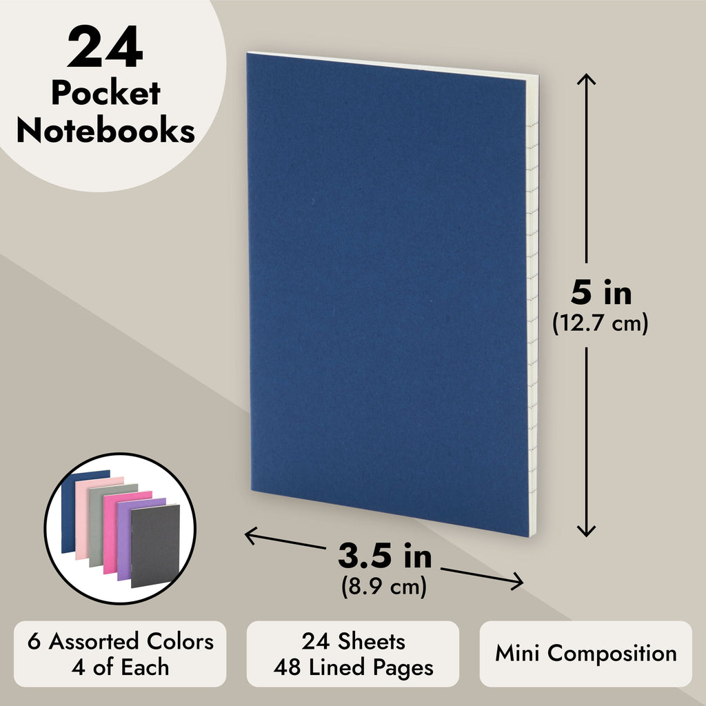 Paper Junkie 24 Pack Mini Paper Notebooks for Kids, Bulk Pocket Notepads with 48 Lined Pages for Journaling, Writing, Composition, School Supplies (6 Colors, 3.5 x 5 in) - Composition Notebook
