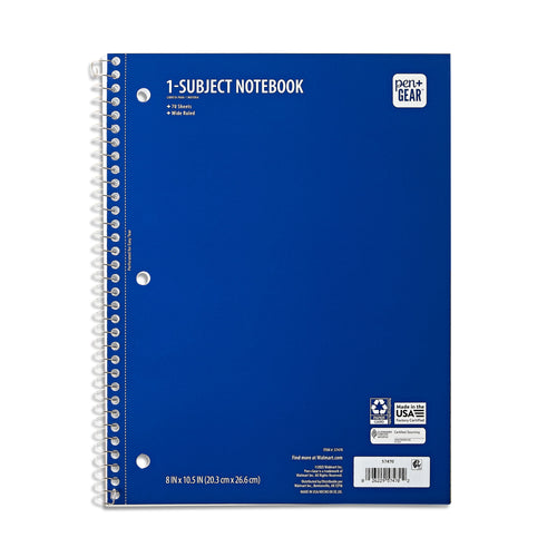(4 pack) Pen+Gear Wide Ruled 1-Subject Notebook, 8" x 10.5", Blue, 70 Sheets