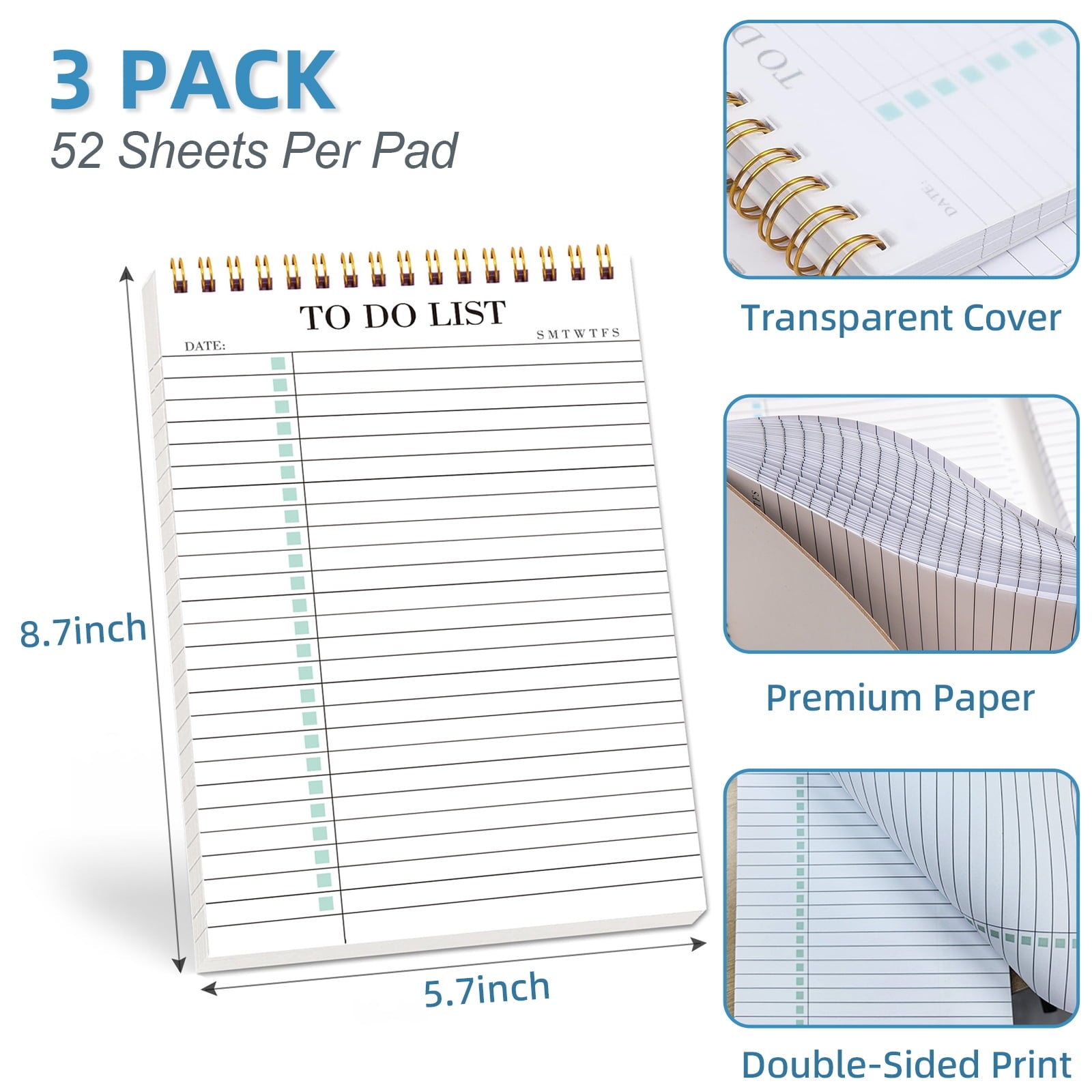 AGCAN To Do List Notepad, 3 Pack Spiral Daily Planner Notebook, Double Sided Planning Notebook, 8.7 x 5.7 52 Sheets, Task CheckList Organizer Agenda Pad for Work