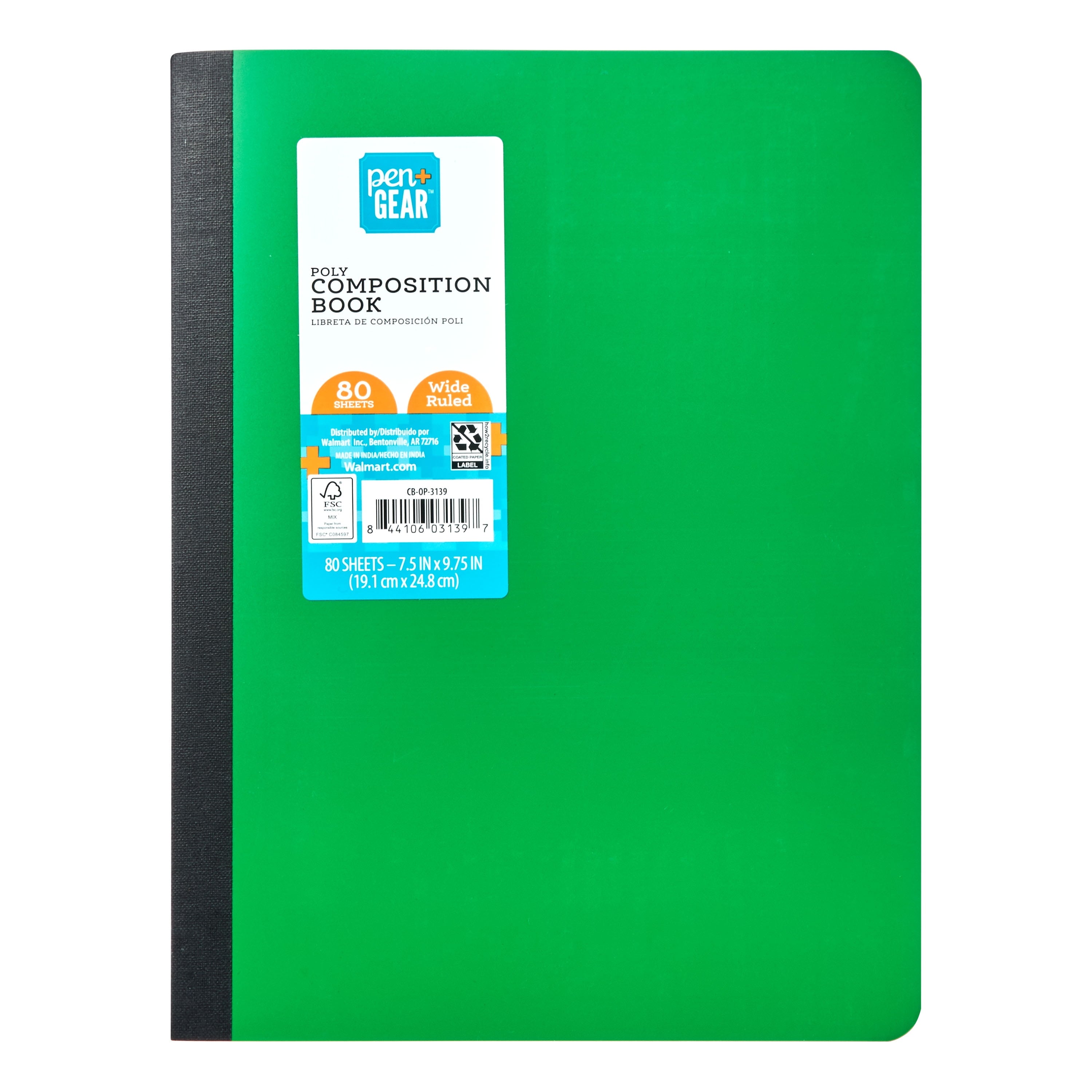 (4 pack) Pen+Gear Composition Book, Wide Ruled, 7.5"x 9.75", Poly Cover, Green, 80 Sheets