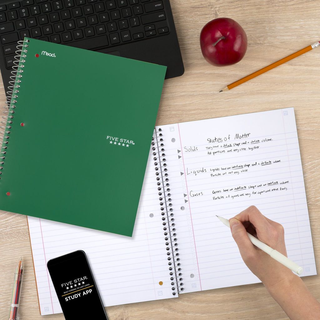 Five Star 1 Subject Wide Ruled Notebook Plus Study App, 8" x 10.5", Forest Green, Poly, Spiral, 100 Sheets
