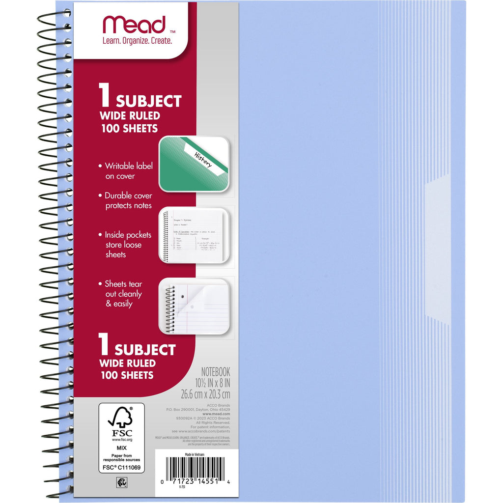 Mead 1 Subject Wide Ruled Notebook 8 x 105 Pastel Blue Poly Spiral 100 Sheets -