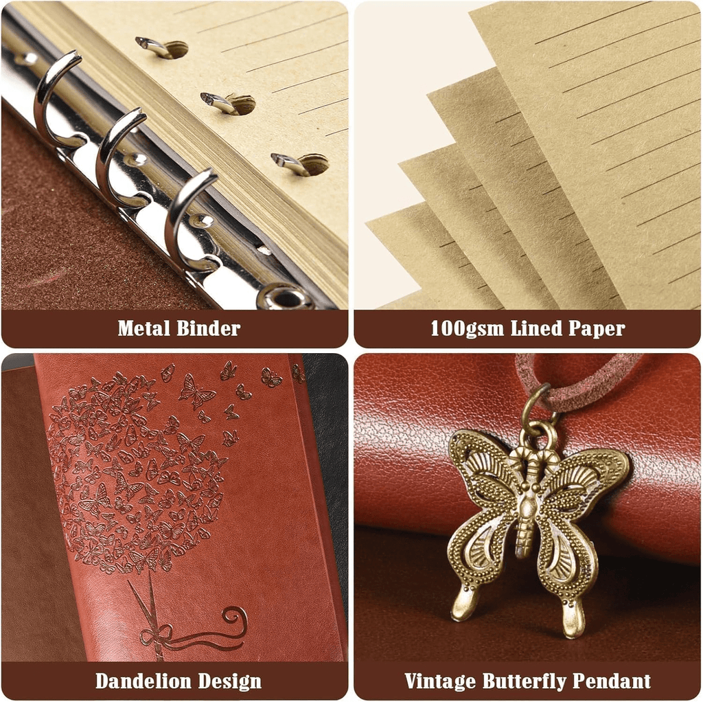 Leather Journal Notebook, Refillable Writing Journal Diary Planner for Women, A5 Size (6.3 x 9.3 inches), Lined Journal for Writing, Travel Journal with 6-Ring Binder Pockets