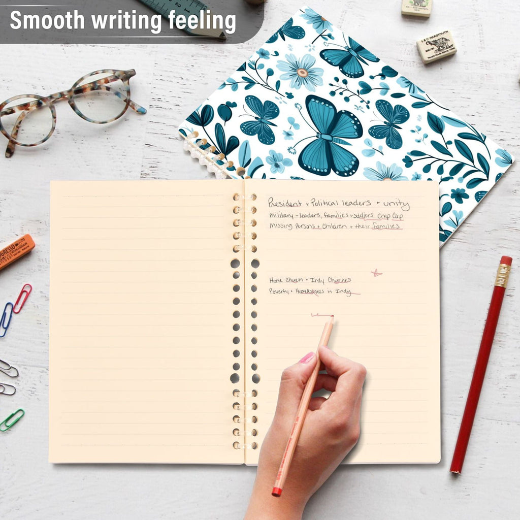 WOBOGO Light Blue Butterflies Flowers and Leaves Notebook College Horizontal Grid Paper Ink Spill Resistant Water Resistant Cover 8.3x5.7x0.4in