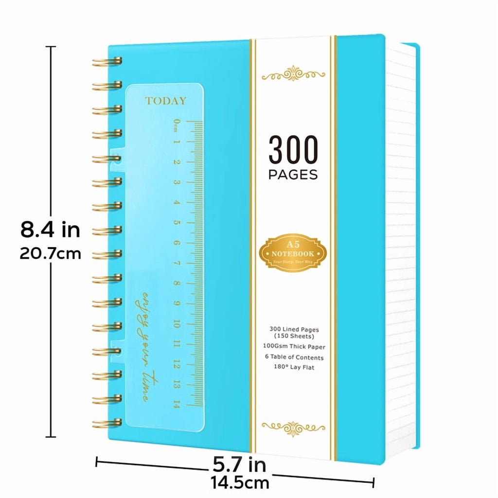 NIRMIRO A5 Spiral Notebook for Writing, 5.7”x8.4” Waterproof PVC Cover Notepad with Bookmark Ruler, 300 Pages of 100gsm No-Bleed College Ruled Paper for Office, Work & Note-Taking