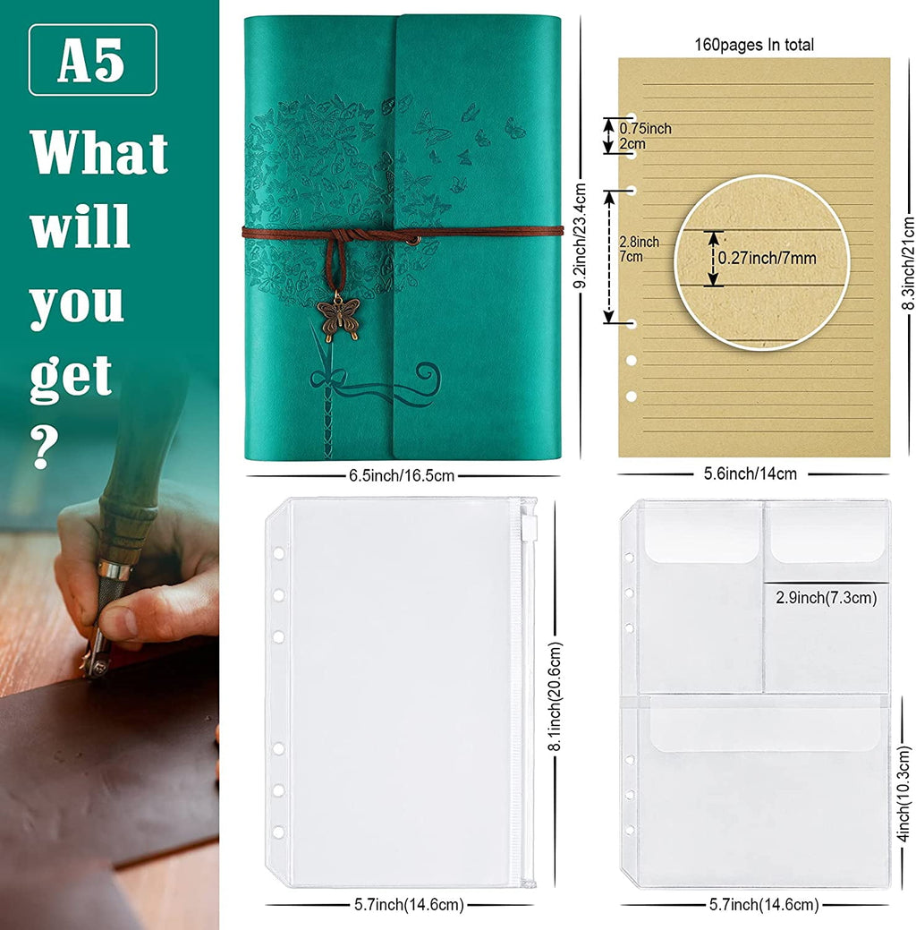 Leather Journal Notebook, Refillable Writing Journal Diary Planner for Women, A5 Size (6.3 x 9.3 inches), Lined Journal for Writing, Travel Journal with 6-Ring Binder Pockets