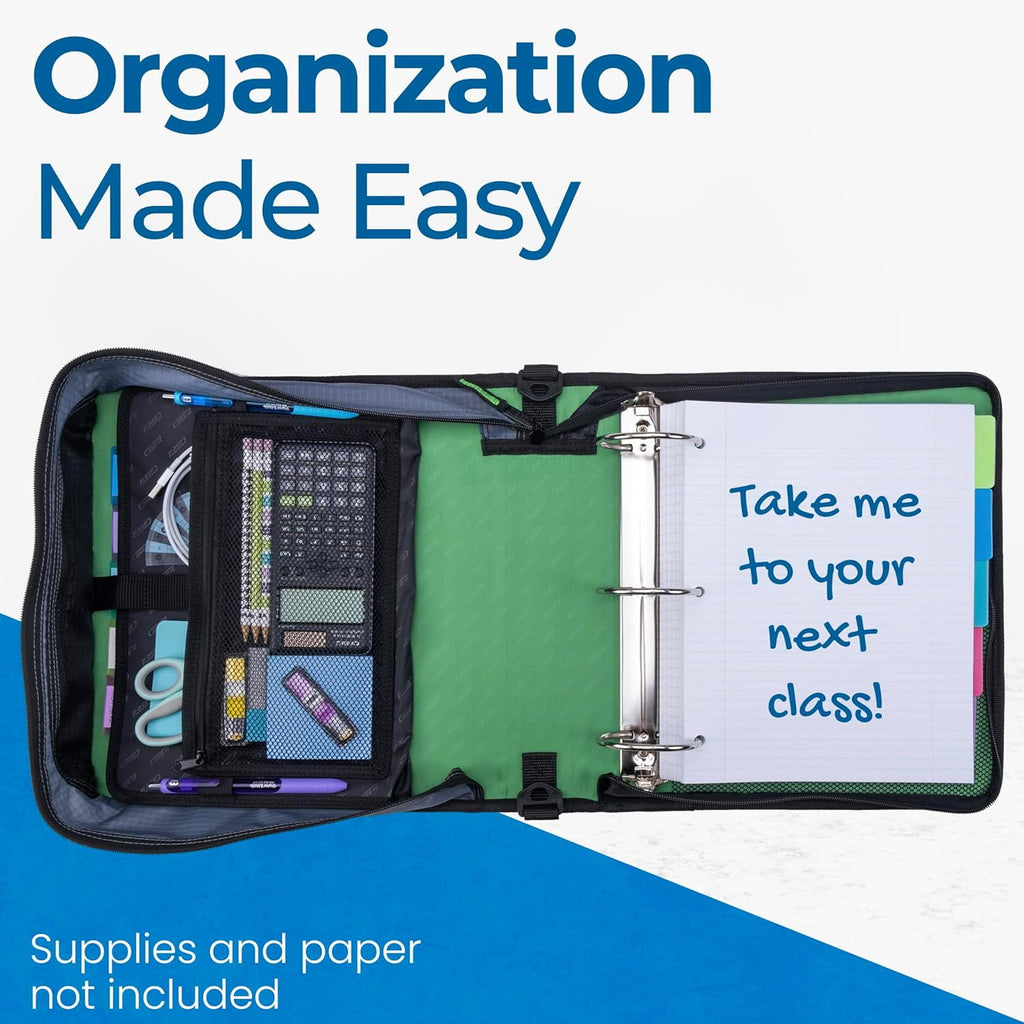 Case-it The Mighty Zip Tab Zipper Binder - 3 inch O-Rings - 5 Color Tab Expanding File Folder - Multiple Pockets - 600 Sheet Capacity - Comes with Shoulder Strap - Canopy Green D-146