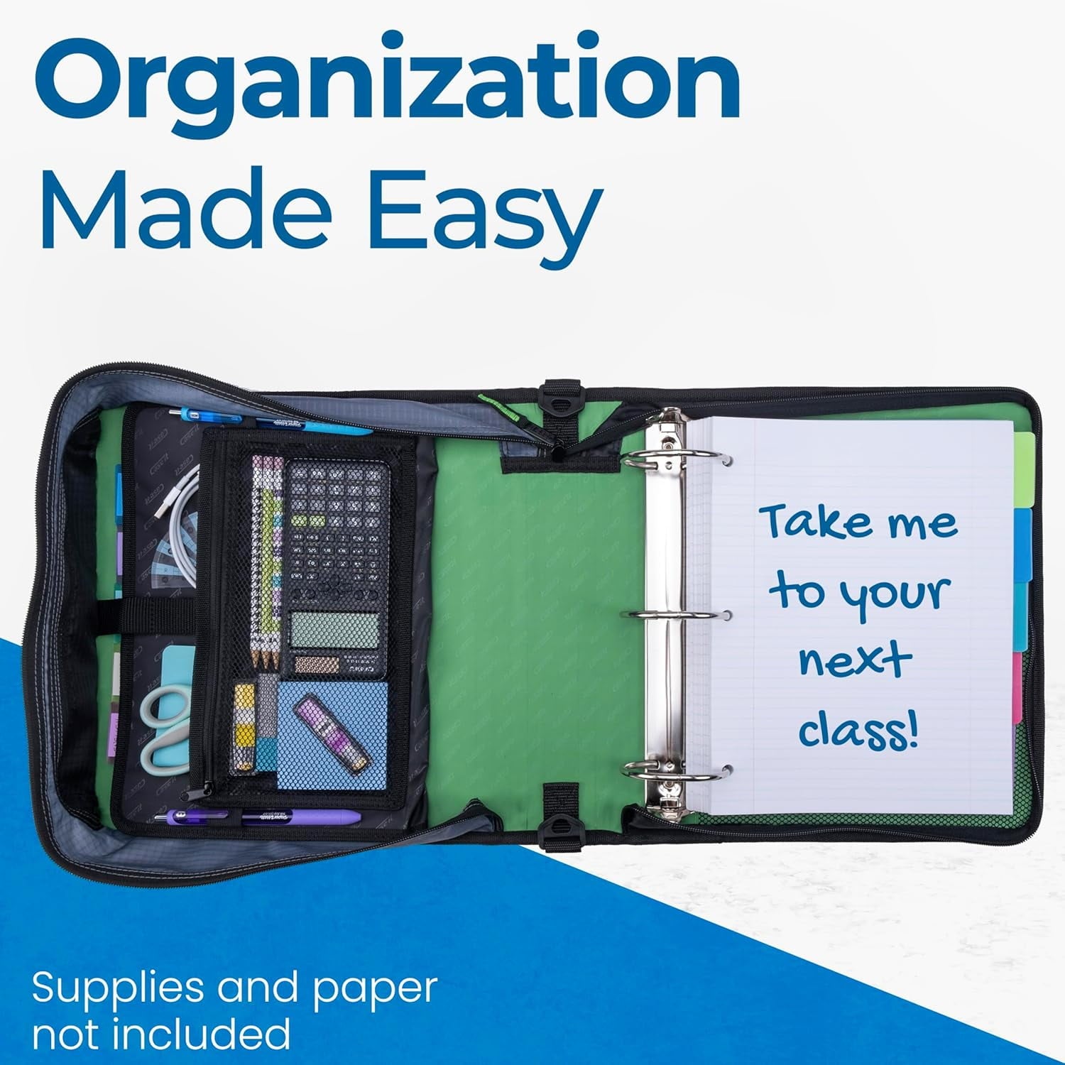 Case-it The Mighty Zip Tab Zipper Binder - 3 inch O-Rings - 5 Color Tab Expanding File Folder - Multiple Pockets - 600 Sheet Capacity - Comes with Shoulder Strap - Canopy Green D-146