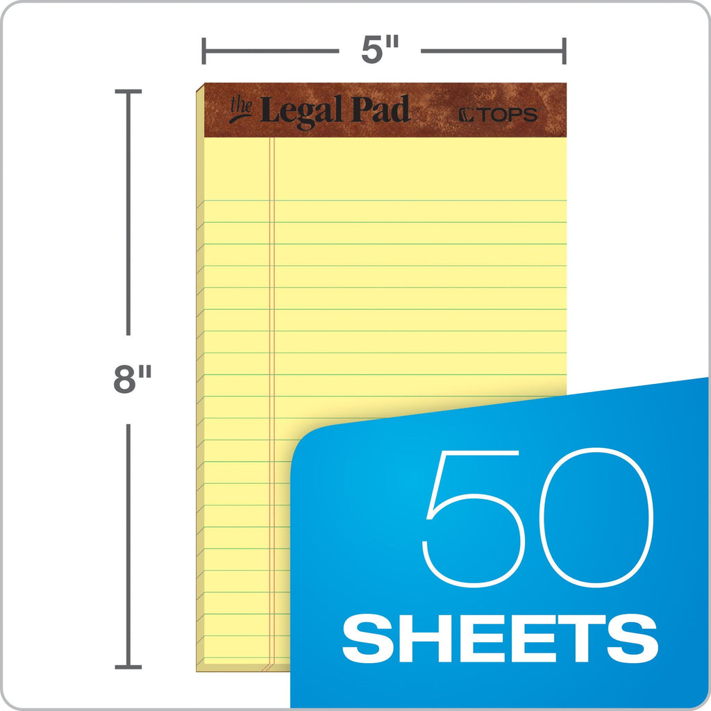 TOPS The Legal Pad Writing Pads, 5" x 8", Jr. Legal Rule, Canary Paper, 50 Sheets, 3 Pack (75013)