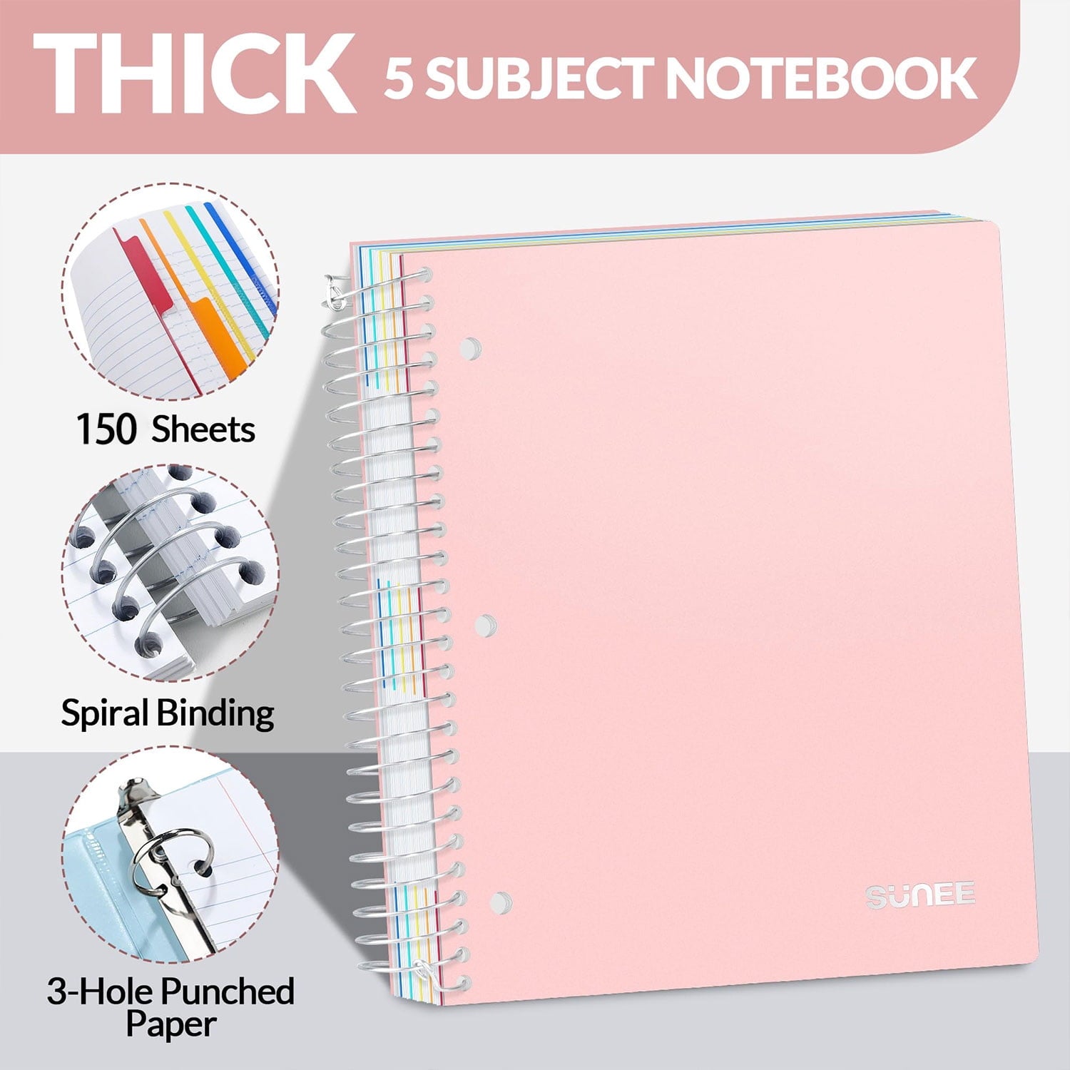 5 Subject Notebook College Ruled Spiral Notebook Journal with Removable Dividers Tabs 300 Pages 8.5"x11" 5 Pocket Colored Dividers, 3-Hole Punched Paper for Work Women Pink