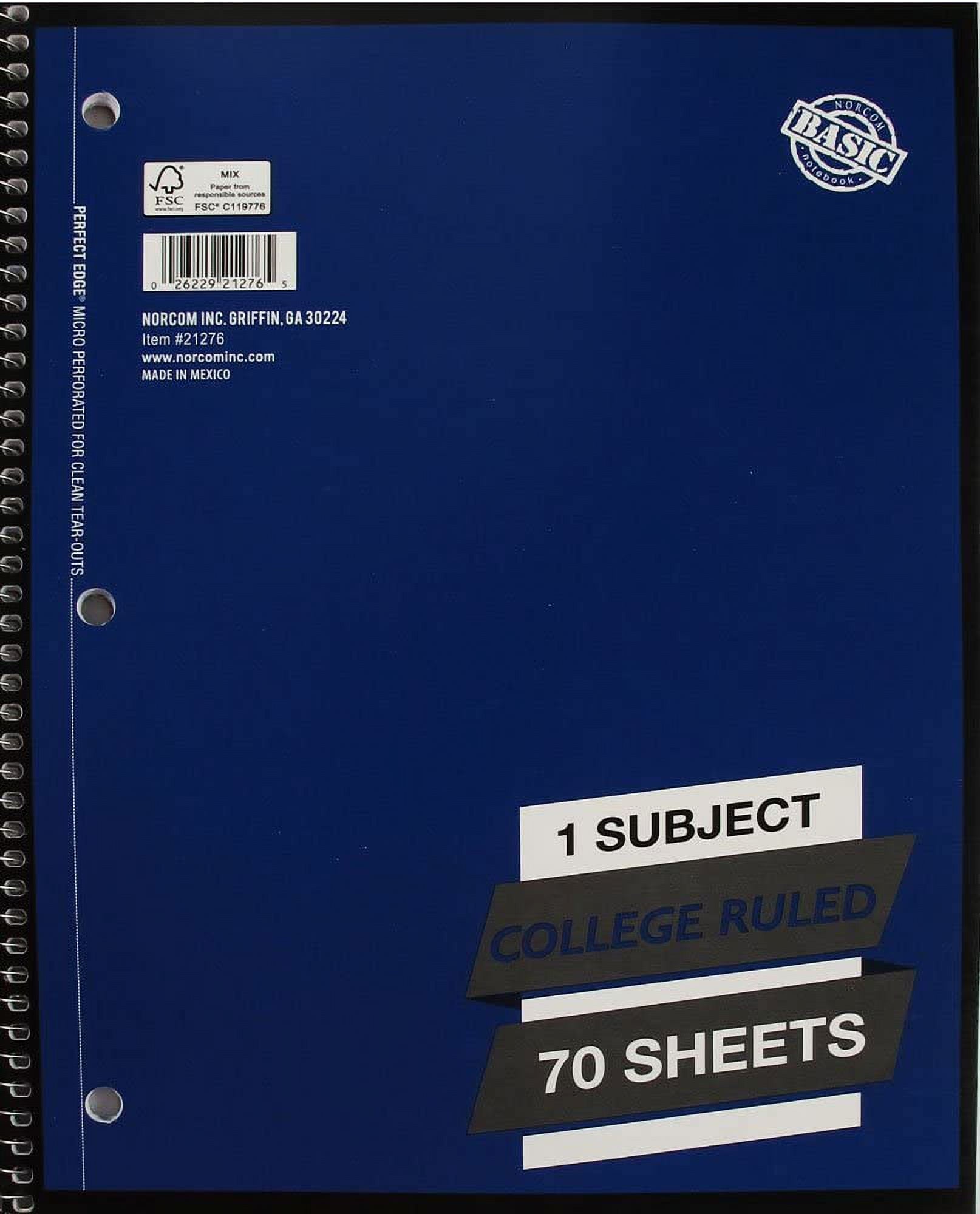 1 Subject College Ruled Spiral Notebook Solid Colors Perforated Edge 70 Sheet Pack of 5