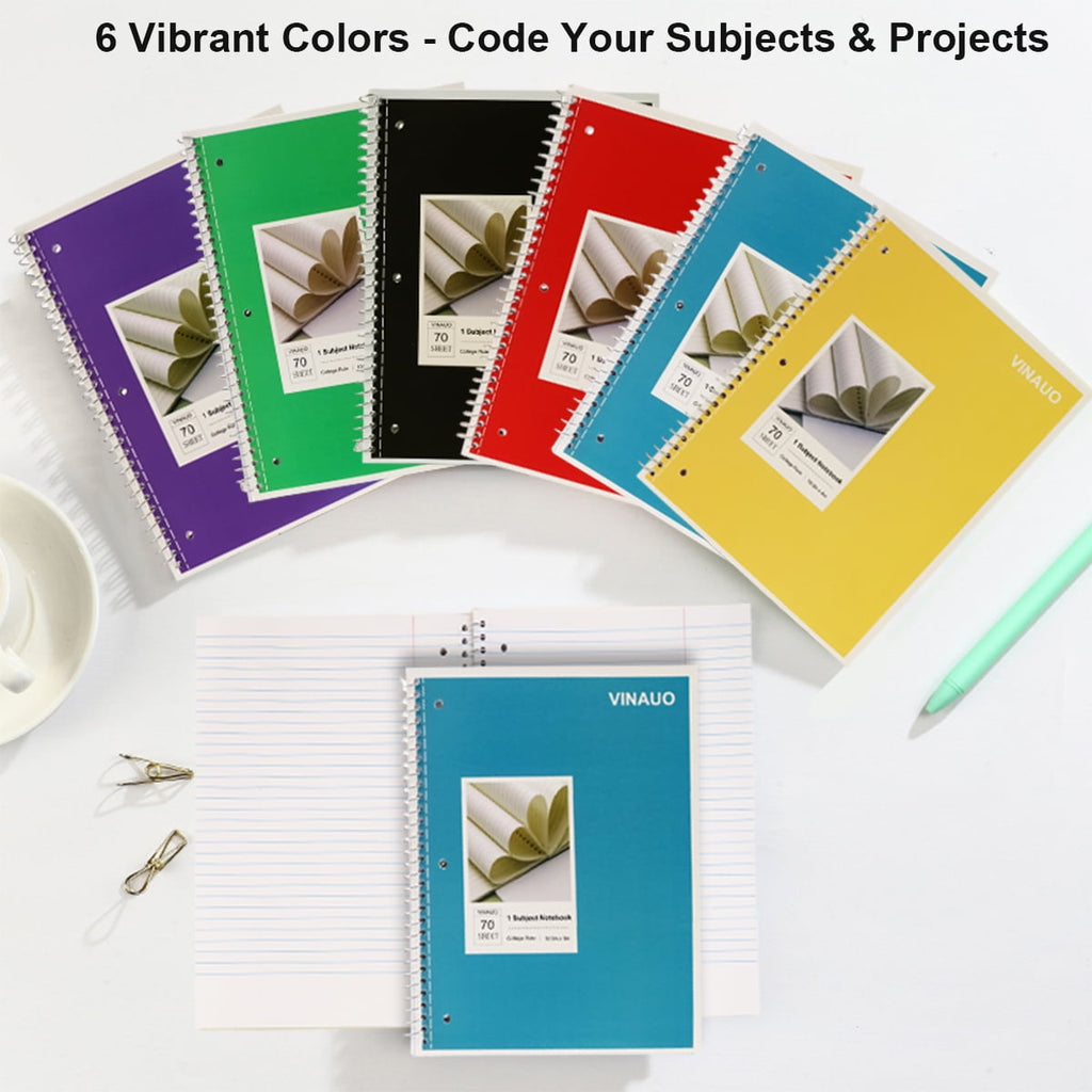 VINAUO Spiral Notebook, 1 Subject Notebook College Ruled, 70 Sheets, 8" x 10-1/2", 3 Hole Punched,Spiral Lined Notebooks,6 Pack