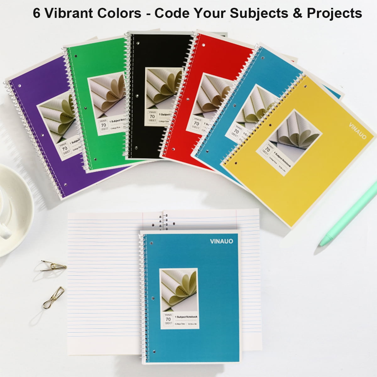 VINAUO Spiral Notebook, 1 Subject Notebook College Ruled, 70 Sheets, 8" x 10-1/2", 3 Hole Punched,Spiral Lined Notebooks,6 Pack