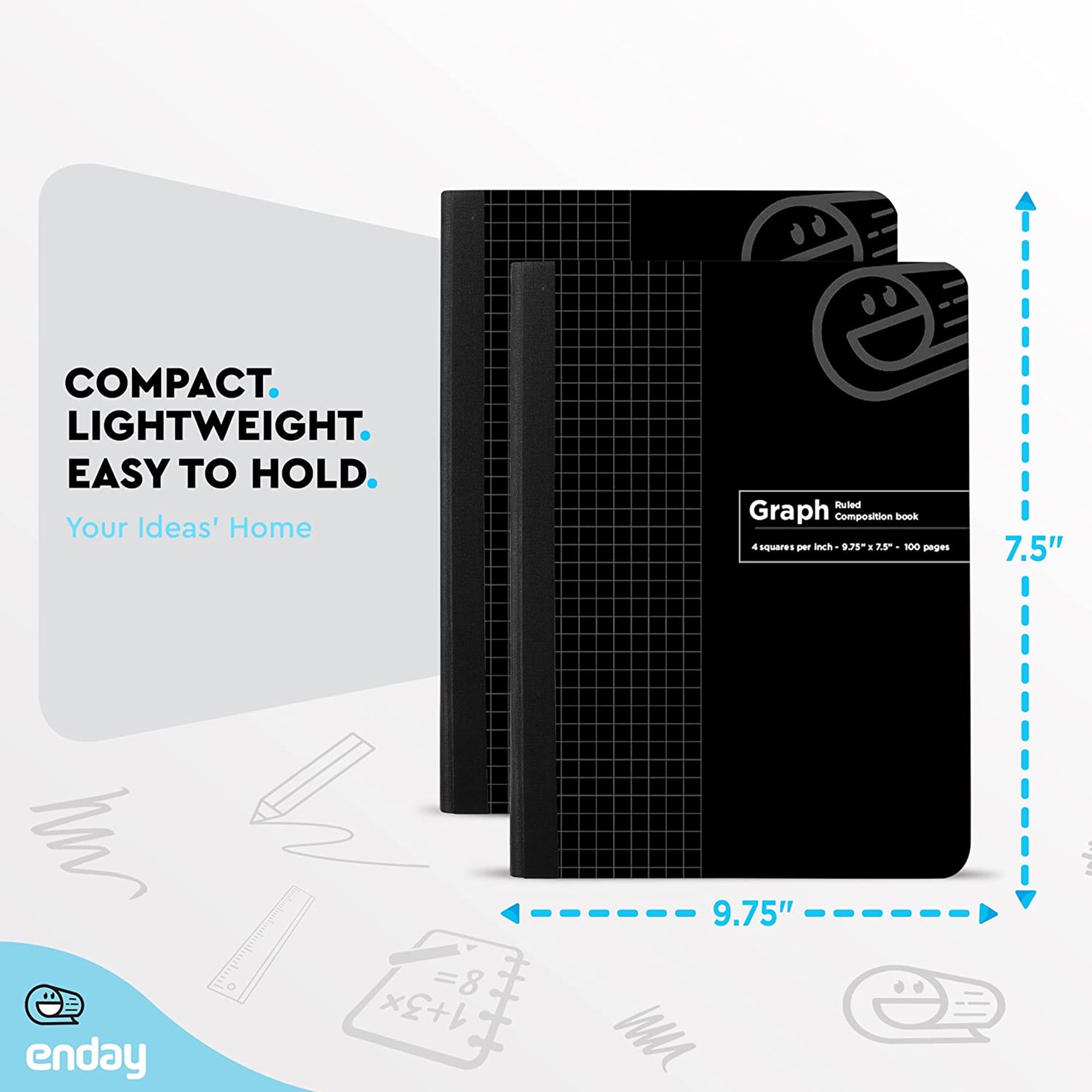 Enday Graph Paper Composition Notebook Hard Cover Grid Note Book Black 100 Sheets 2 Pack