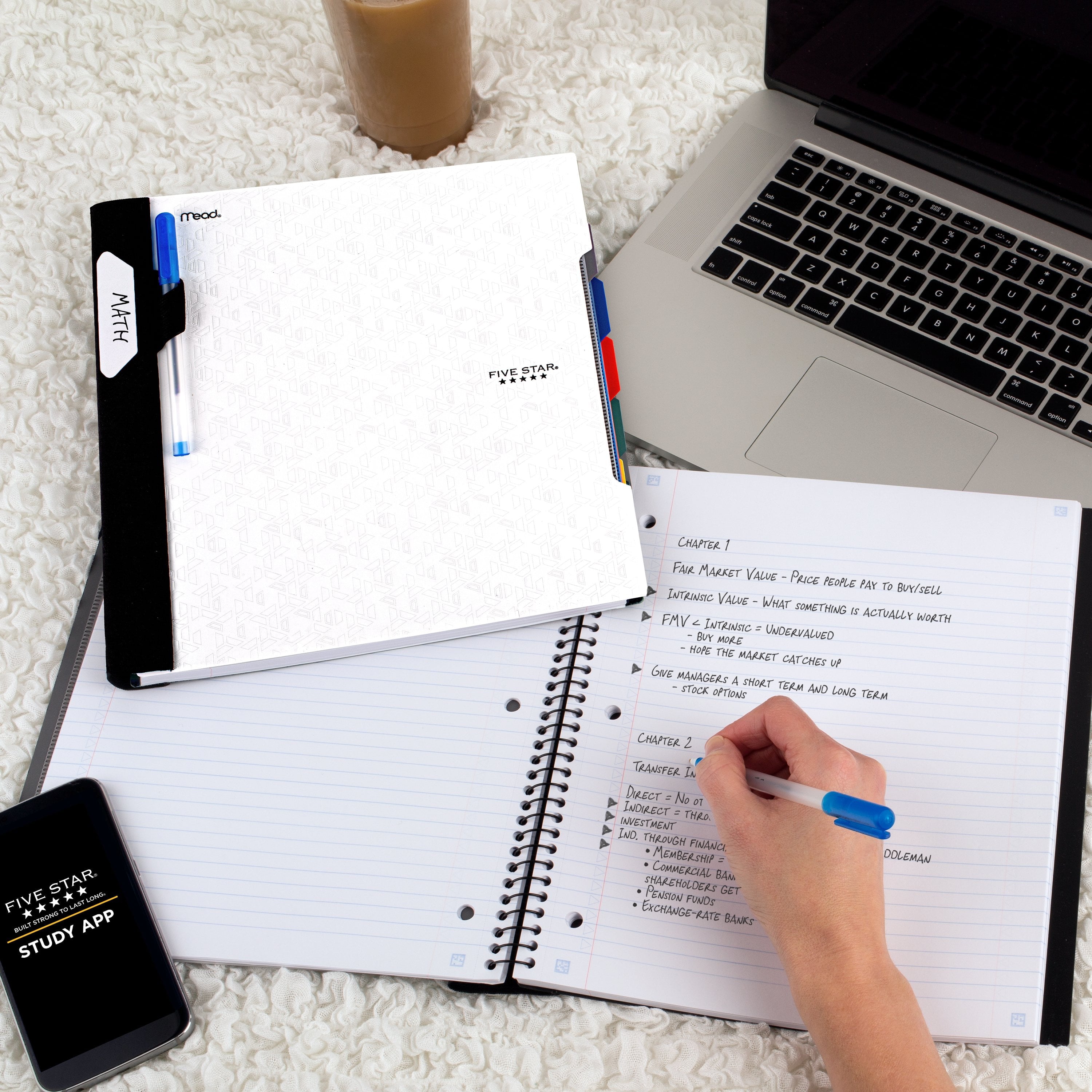 Five Star Advance 5 Subject College Ruled Notebook Plus Study App, 8.5" x 11", White, Poly, Spiral, 200 Sheets