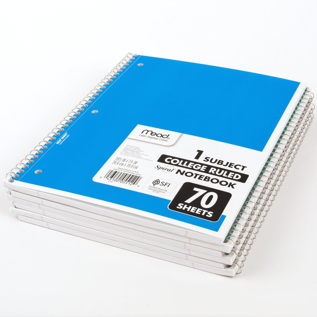 Mead Spiral Notebook, 1 Subject, College Ruled, 10.5" x 7.5", 70 Sheets, 6 Pack, Assorted